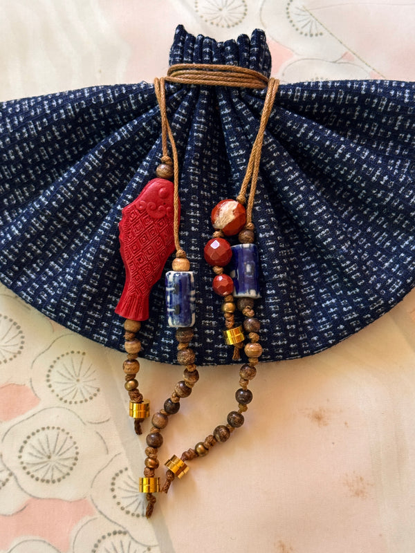 Vessel With Amulet Drawstring - Red Cinnabar Fish