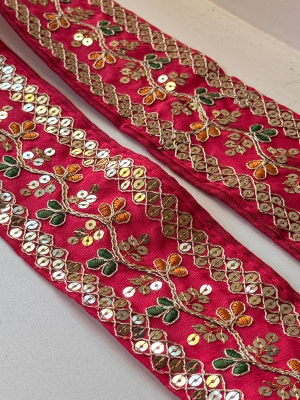 Embroidered Trim - Vine On Pink