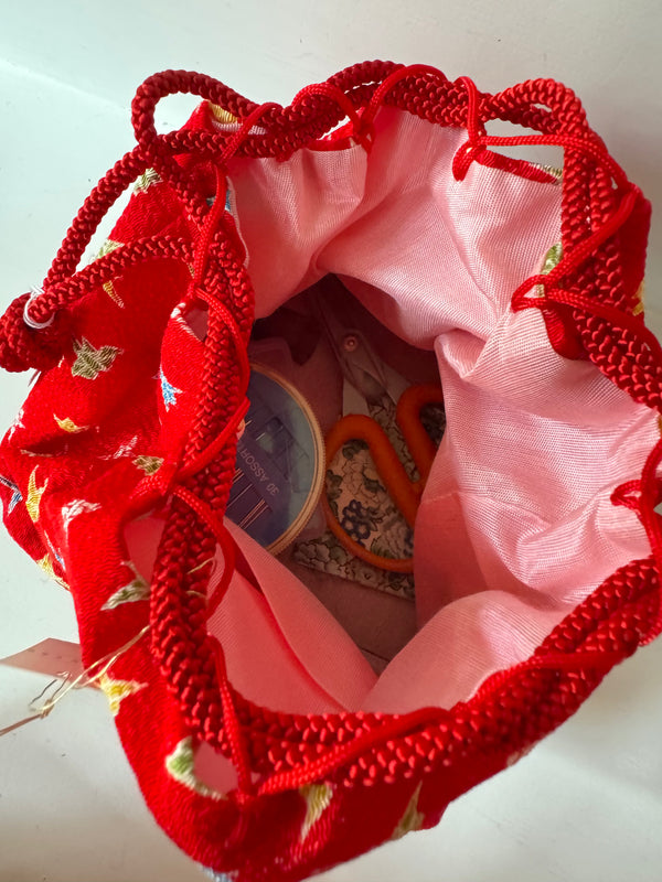 Vintage Kinchaku or Sewing Basket - Remnants & Trims Included