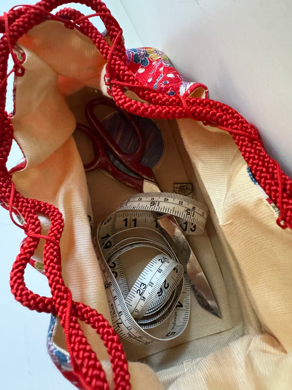 Vintage Kinchaku or Sewing Basket - Remnants & Trims Included