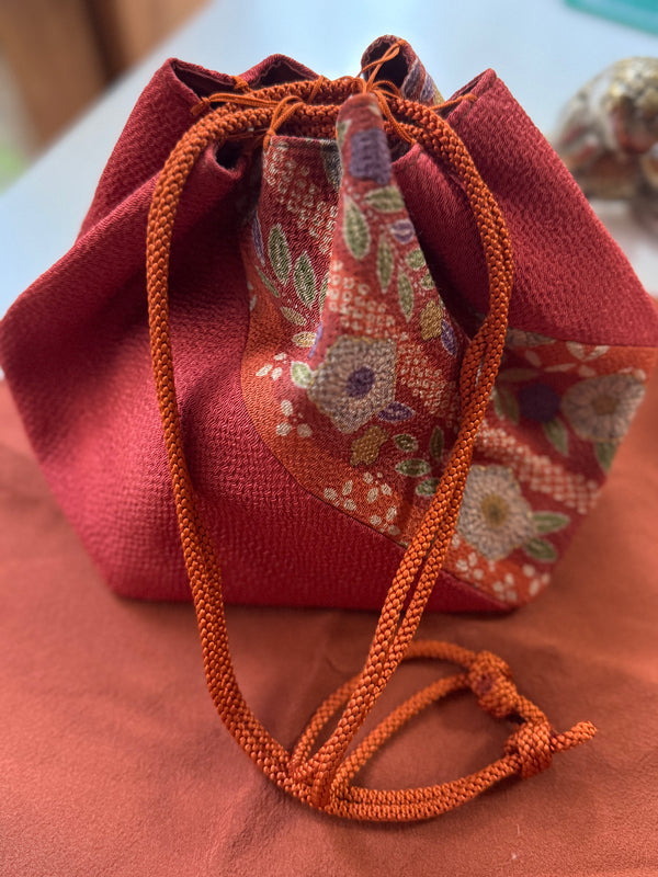 Vintage Kinchaku or Sewing Basket & Silk Scarf