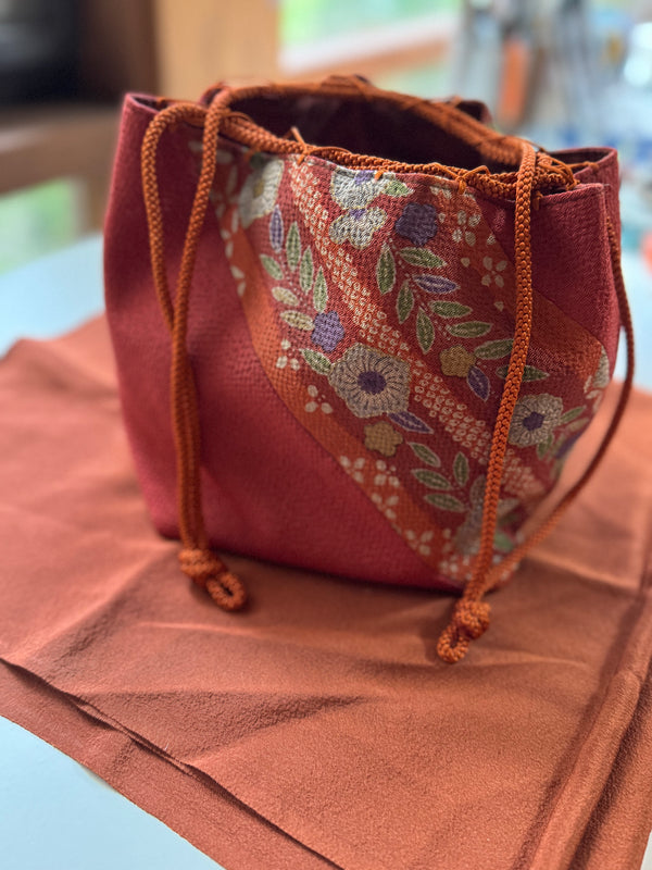 Vintage Kinchaku or Sewing Basket & Silk Scarf