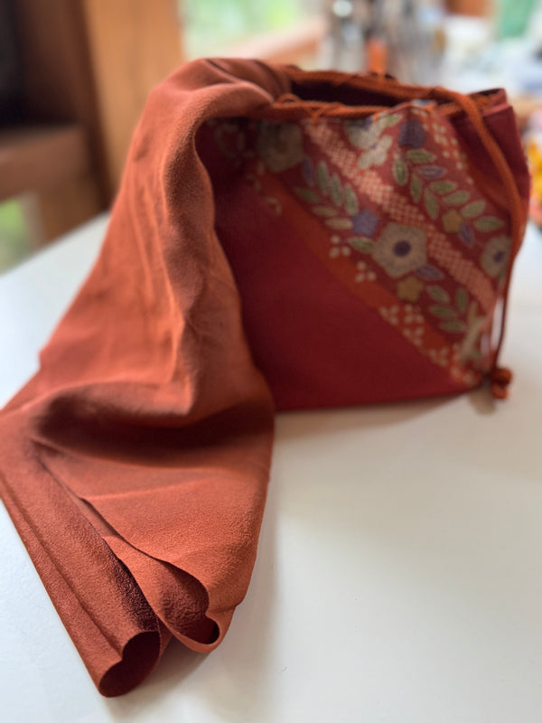 Vintage Kinchaku or Sewing Basket & Silk Scarf