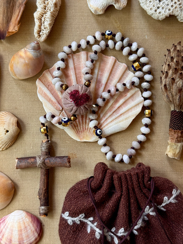Hand Knotted Rosary and Embroidered Vessel