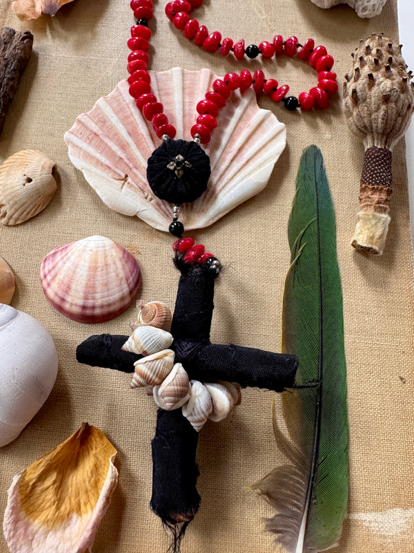 Hand Knotted Rosary with Coral & Black Obsidian