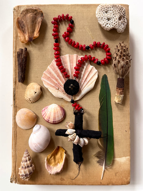 Hand Knotted Rosary with Coral & Black Obsidian