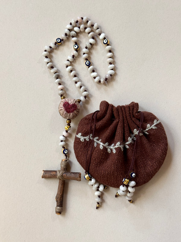 Hand Knotted Rosary and Embroidered Vessel