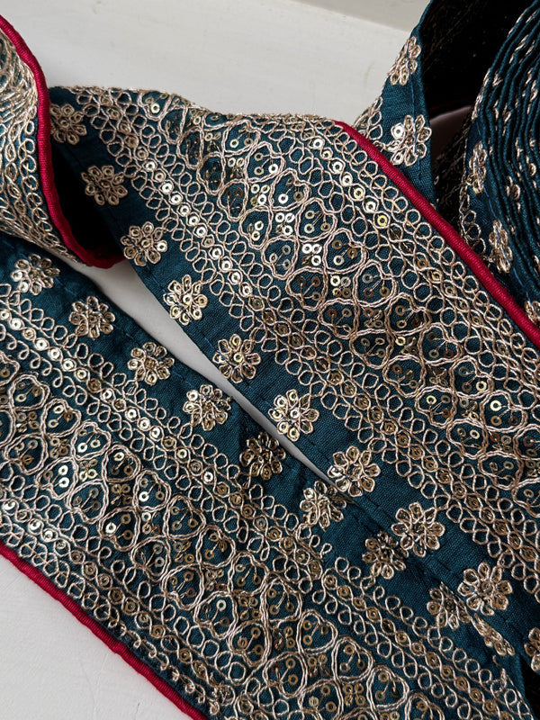 Embroidered Trim - Teal Hearts