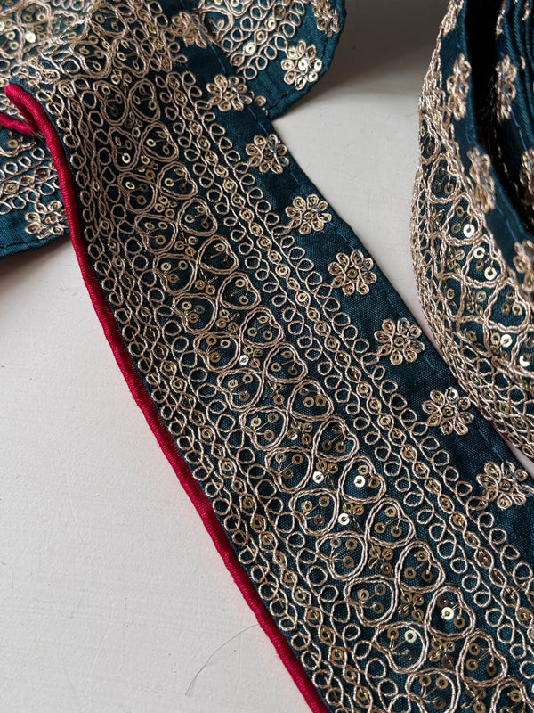 Embroidered Trim - Teal Hearts