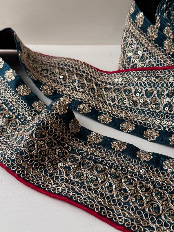 Embroidered Trim - Teal Hearts
