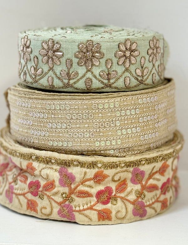 Embroidered Trims -  Ash Blue Mist Eggshell