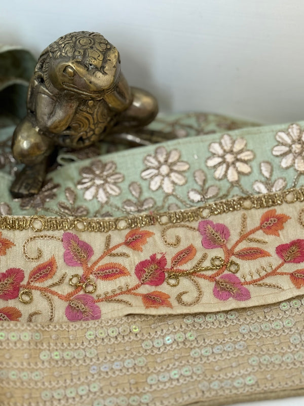 Embroidered Trims -  Ash Blue Mist Eggshell