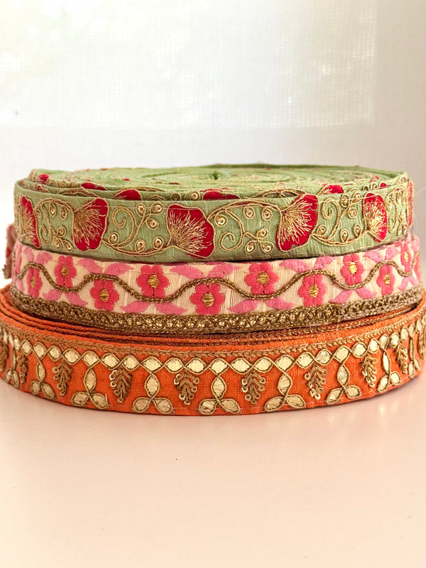 Embroidered Trims - Mint Eggshell Orange