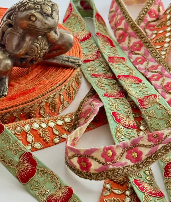Embroidered Trims - Mint Eggshell Orange