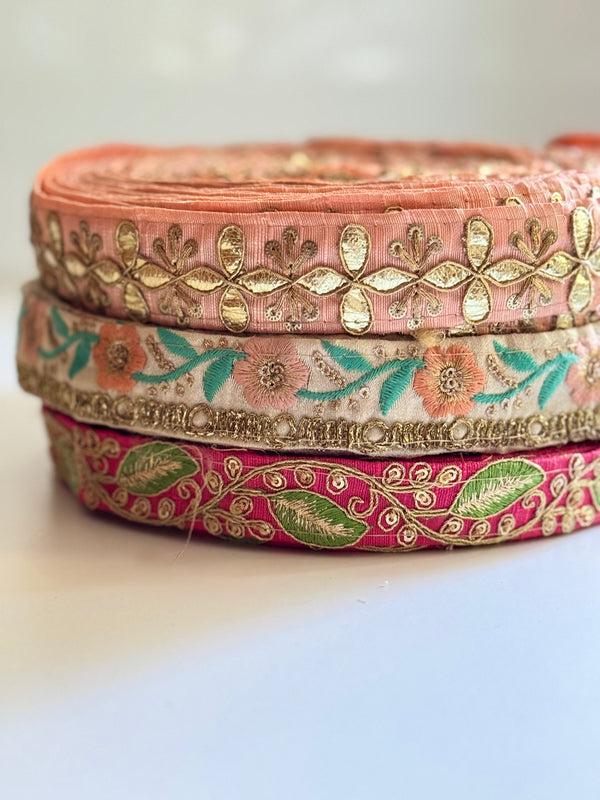Embroidered Trims - Peach Eggshell Fuchsia