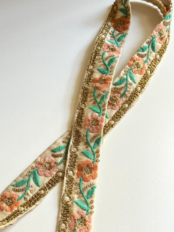 Embroidered Trims - Peach Eggshell Fuchsia