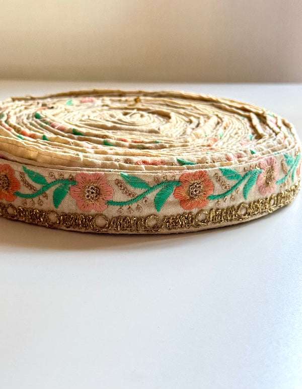 Embroidered Trims - Peach Eggshell Fuchsia